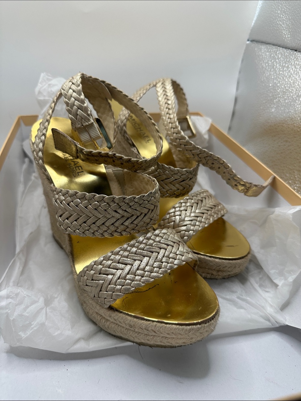 Michael Kors Beige Braided Wedge Sandals with Gold Insole